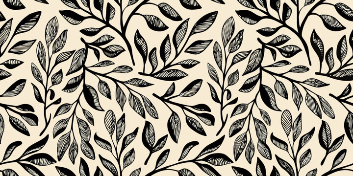 Elegant black and white botanical illustration of delicate leafy branches