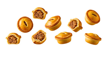 Flying meat pies in mid-air, isolated on transparent background, savory food in motion