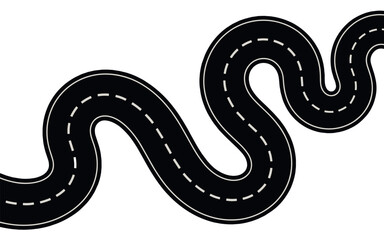 Obraz premium Winding road vector illustration, curved asphalt highway with dashed lines, journey and business path concept graphic.