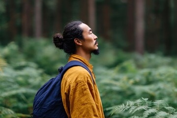 Young adult asian male with tied hair bun wearing a mustard yellow shirt and navy backpack standing among tall ferns in a forest gazing upward during an outdoor walk