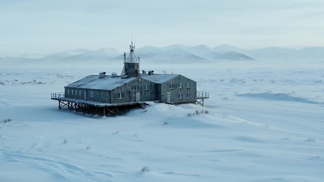 Isolated arctic outpost with antenna tower sits on stilts amidst vast, snow-covered plains and distant mountains