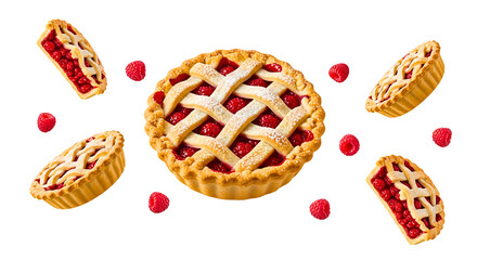 Raspberry pie slices flying in air, isolated on transparent background, dessert in motion