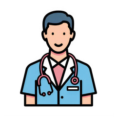Fototapeta premium A cheerful cartoon man wearing a blue shirt and a red tie with a stethoscope around his neck