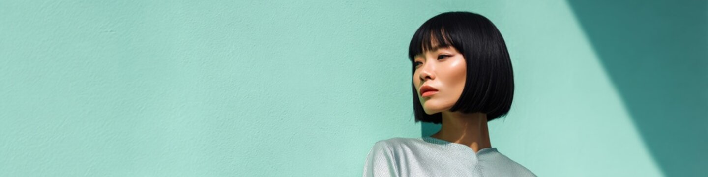 Asian female young adult portrait with short bob and contemplative side gaze on soft mint background and angled light creating refined minimalist mood