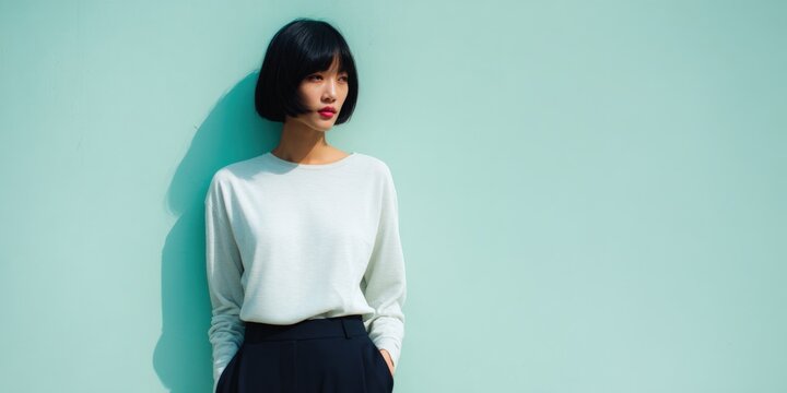 Asian female young adult model leaning on mint wall looking sideways minimalist fashion portrait high contrast shadow