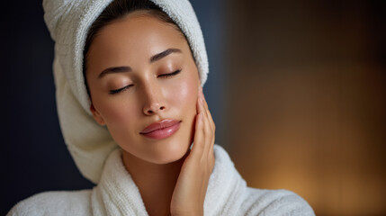 Fototapeta premium Wellness lifestyle scene featuring a woman in a white robe and towel, with a serene expression, enjoying a skincare routine