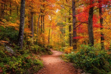 Obraz premium Vibrant Autumn Forest Path with Colorful Foliage and Sunlight.