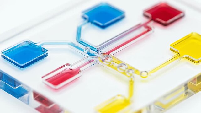 Microfluidic chip with colored liquids in channels showing lab on a chip technology for medical research and biotechnology development