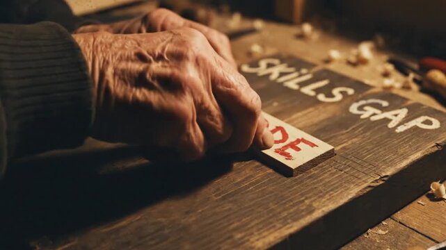 Close up of hand holding wooden block with code text on desk