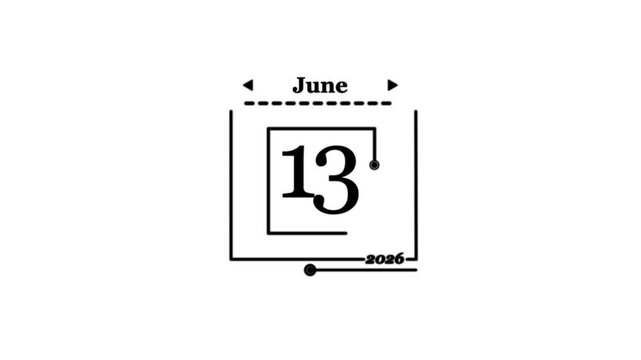 June 13 2026 calendar date stamp graphic Daily Calendar icon animation on transparent the date of New Year 2026 on a calendar.