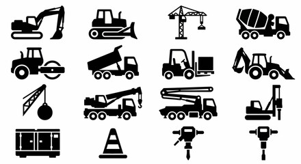 Solid black icons for heavy construction and industrial machinery. Excavators, cranes, and dump trucks collection. Vector illustration for engineering firms, construction site safety, and heavy equipm © VectorGomes