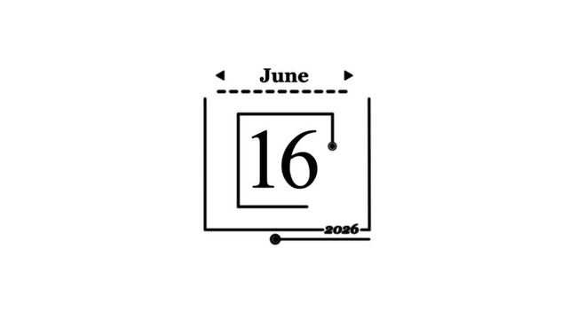 June 16th 2026 Calendar Date Graphic Daily Calendar icon animation on transparent the date of New Year 2026 on a calendar.