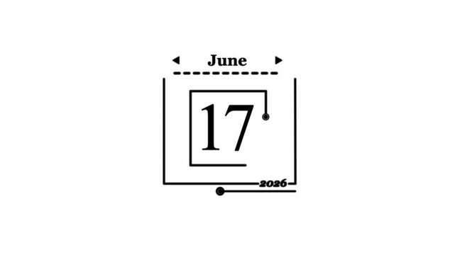 June 17th 2026 Calendar Date Graphic Daily Calendar icon animation on transparent the date of New Year 2026 on a calendar.