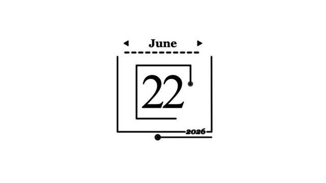 June 22nd 2026 Calendar Date Icon twenty-two Daily Calendar icon animation on transparent the date of New Year 2026 on a calendar.