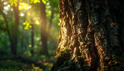 Obraz premium Close up of ancient tree bark texture with green moss in a sunlit forest for World Forest Day celebration