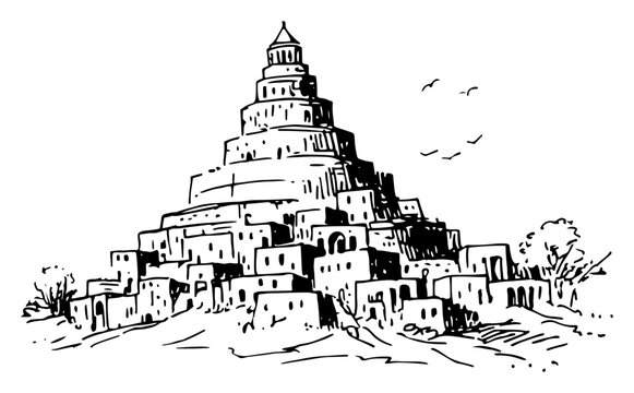 Detailed vector sketch of the biblical Tower of Babel and the ancient city landscape