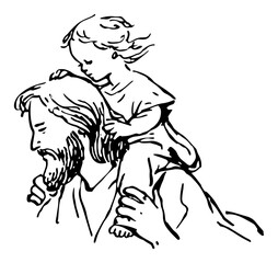 Fototapeta premium Artistic vector illustration of Jesus Christ carrying a small child on his shoulders in sketch style