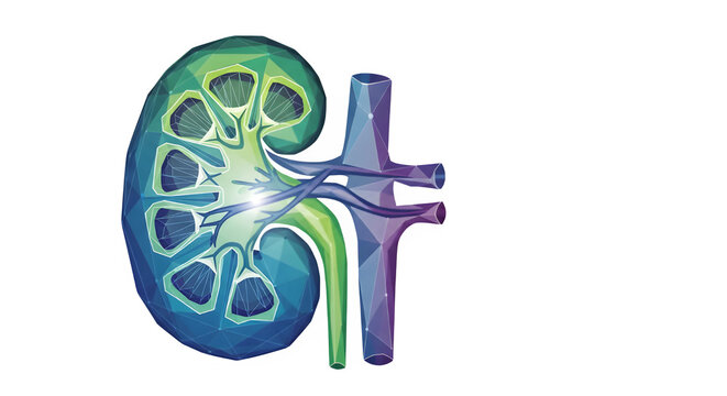 Anatomy illustration of a healthy human kidney with cross-section revealing internal structures and blood vessels, showcasing the organ's vital function in medical science