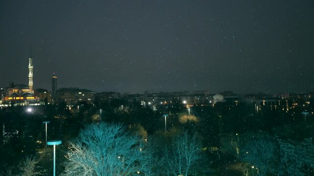 A mosque in Konya city center and snowfall.