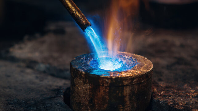 Molten metal heated by blue torch flame inside crucible in jewelry workshop showing intense heat and goldsmith metal smelting process