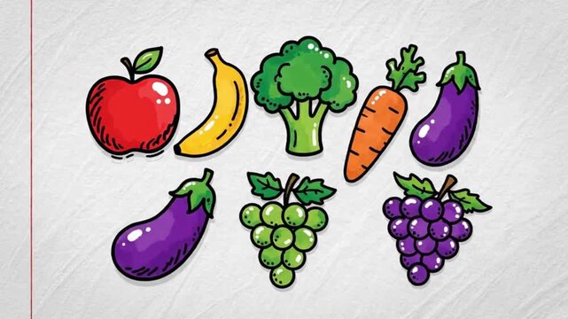 Colorful cartoon apple banana and broccoli on textured white surface