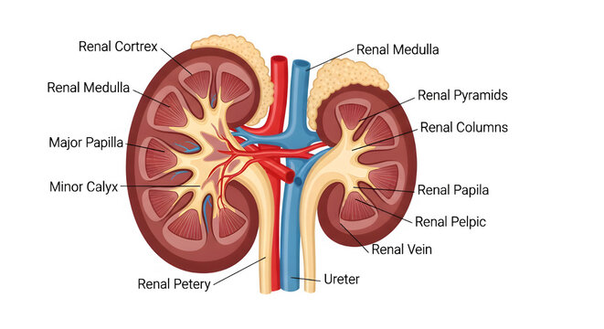 Anatomical illustration of a human kidney, detailing its internal structures like the renal cortex, medulla, and ureter, a key organ in the urinary system