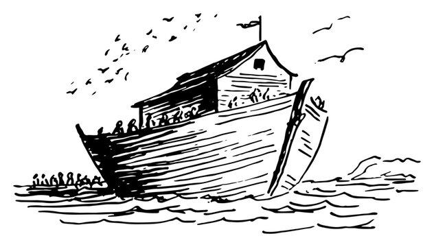 Hand drawn vector illustration of Noah Ark floating on sea waves in line art style
