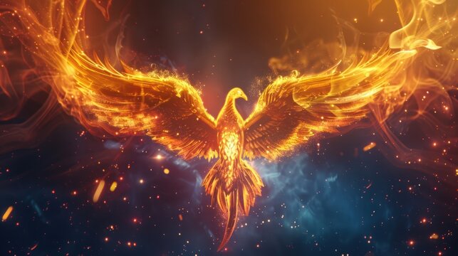 Fiery phoenix with wings outspread against a dark background rising illustration