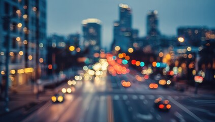 Obraz premium Blurred Cityscape at Dusk with Vibrant Bokeh Lights and Traffic.