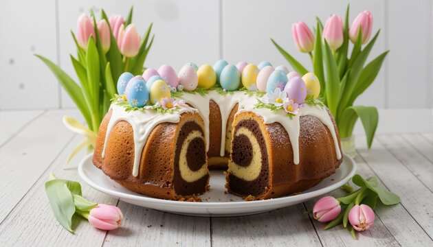 Easter Cake. Traditional ring marble cake withe easter decotation. Easter eggs and spring tulips. with copy space
