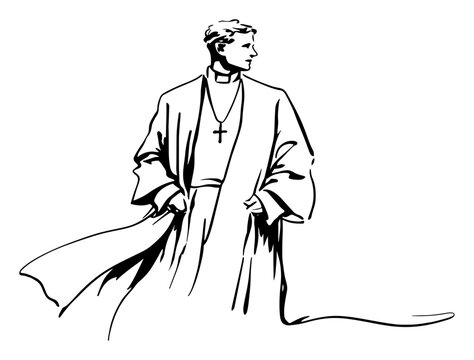 Hand drawn vector illustration of a priest wearing traditional cassock and a cross necklace
