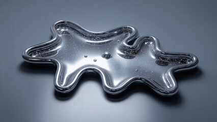 Obraz premium A reflective, silver, amorphous liquid-like form with sparkling particles rests on a smooth grey background.