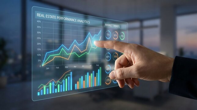 Hand interacting with futuristic digital real estate market analysis graphs in a modern office environment from a close-up viewpoint