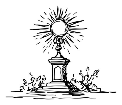 Vector illustration of a catholic monstrance with eucharist on an altar in hand drawn line art style