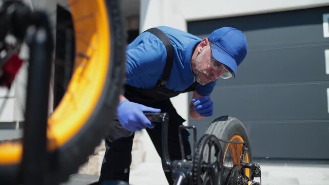 Close-up video of a bicycle mechanic wearing blue workwear, gloves and safety glasses while inspecting the drivetrain and rear wheel of a fat tire electric bike outdoors.