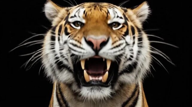 Fierce Tiger Portrait with Open Mouth and Sharp Teeth.