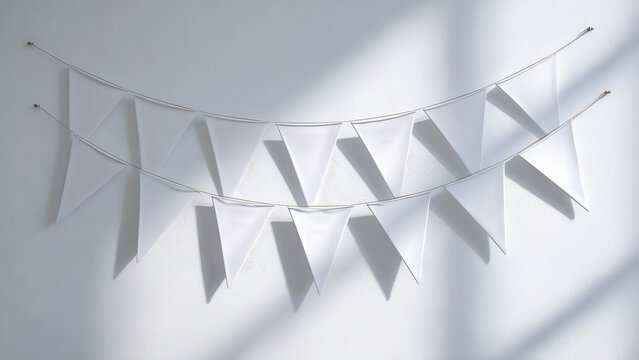 White triangular bunting flags hang on a textured wall, ready to be customized for a celebration or event.