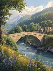 Fototapeta premium Stone Bridge Over River in Peaceful Mountain Village with Flowers and Alpine Landscape
