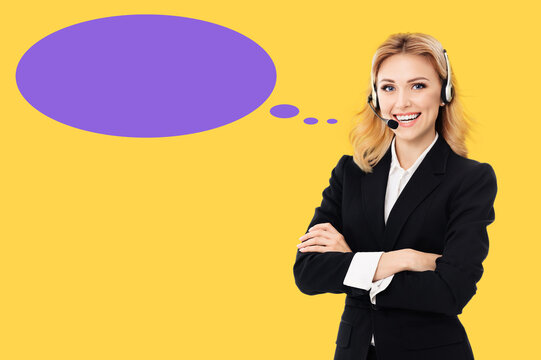 Representative call center. Blond businesswoman callcenter support phone operator in headset, black jacket, isolated warm yellow background. Purple empty mockup speech bubble. Customer service help ad