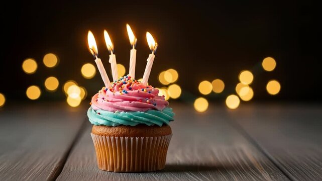 A cupcake with pink and blue frosting, four lit candles, and sprinkles on a wooden table with a dark background of glowing lights
