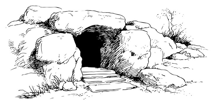 Hand drawn sketch of the empty stone tomb of jesus in black and white