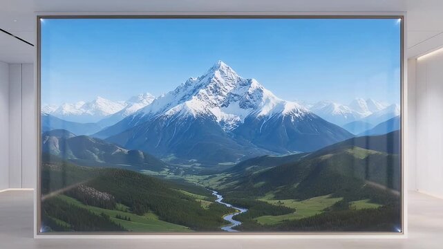 Magnificent snowy mountain peak rising above green valleys and a flowing river