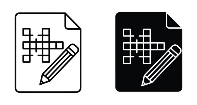 Crossword puzzle icon set with pencil on paper document sheet for gaming leisure hobby activity brain training logic challenge fun