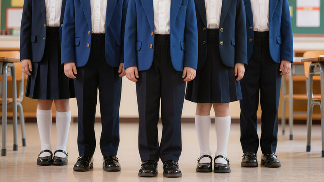 The neutral color palette of navy, grey, and tan creates a neat, disciplined, and cohesive academic aesthetic, professional collection of student uniforms designed for a cohesive academic look.