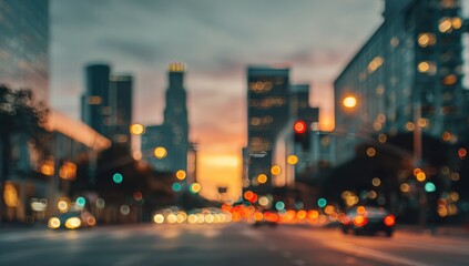 Fototapeta premium Blurred Cityscape at Sunset with Car Lights and Urban Buildings.