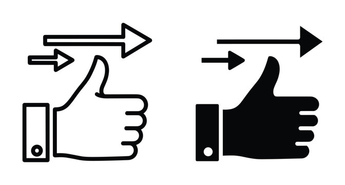 Thumbs up icon with arrows pointing right representing progress success speed movement approval positive feedback direction forward motion and growth