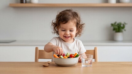Fototapeta premium Happy little girl eating fresh vegetables and berry from bowl at table. Healthy nutrition and organic food for toddler. Lunchtime in kitchen interior. Concept of childhood lifestyle.