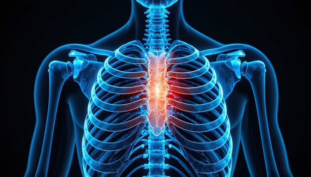 Glowing central chest bones indicate potential internal discomfort in a human torso visualization