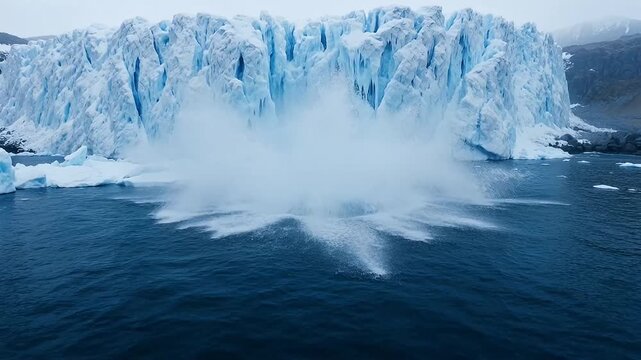 Spectacular Glacier Calving into the Sea with Ice and Water Spray, Nature Scene