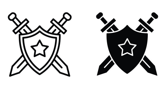 Crossed swords behind shield with star icon in outline and solid black flat vector style for gaming security defense and medieval heraldry